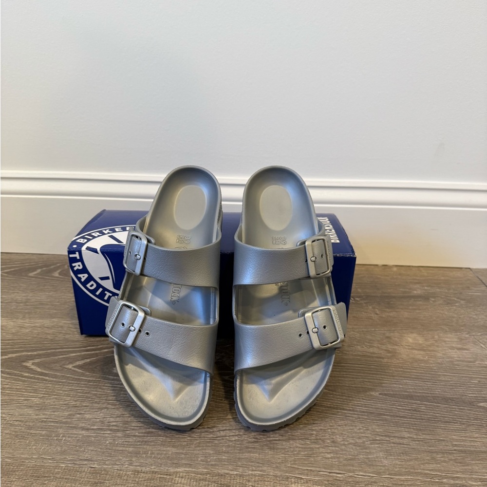 Birkenstock Eva Arizona Metallic Silver Double Strap Sandals